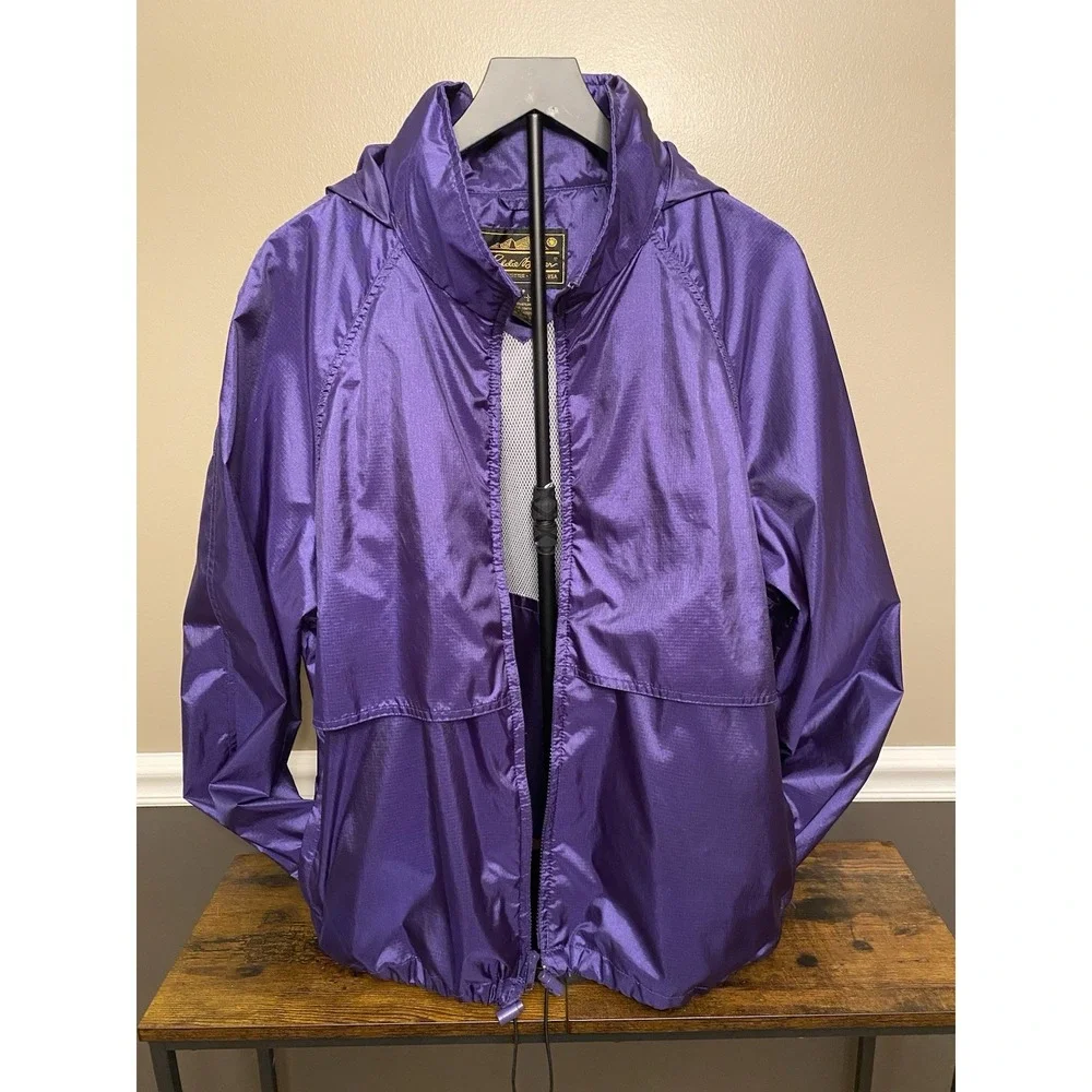 Vintage Eddie Bauer Rain Jacket Mens Large Purple Vented Nylon Zip Packable Hood